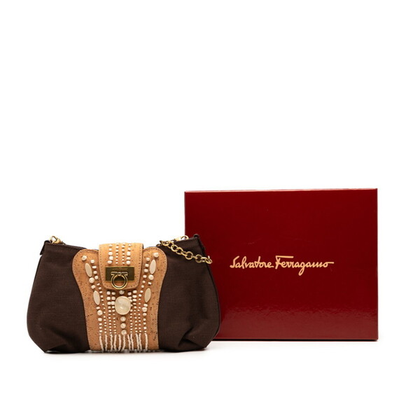 Salvatore Ferragamo Gancini Jeweled Chain Mini Shoulder Bag AQ-21 6437 Brown/... - Picture 6 of 6